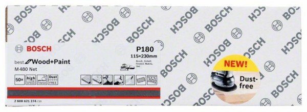 BOSCH SCHLEIFBLATT M480 NET, BEST FOR WOOD AND PAINT, 115 X 230 MM, 180, 50ER-PACK 2608621274