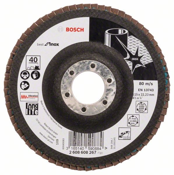 BOSCH FÄCHERSCHLEIFSCHEIBE X581, BEST FOR INOX, 115, 40, GERADE, GLASGEWEBETELLER