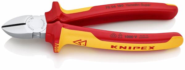KNIPEX 70 06 180 SB Seitenschneider 180 mm verchromt isoliert mit Mehrkomponenten-Hüllen, VDE-geprüf