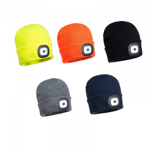 PORTWEST Mütze Beanie mit wiederaufladbarer LED Frontleuchte abnehmbar USB-Laden verschiedene Farben