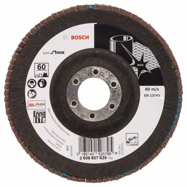 BOSCH FÄCHERSCHLEIFSCHEIBE X581, BEST FOR INOX, 125 MM, 60, GEWINKELT,GLASGEWEBETELLER