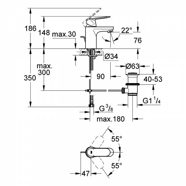 GROHE Einhand-WT-Batterie Eurosmart C 32825 EcoJoy Zugstangen-Ablaufgrt. chrom